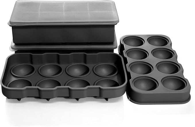 Large Ice Cube Trays Perfect for Whiskey and Summer Drinks - Italian Design - 2 Pack (16 x Ice Cubes | Square and Round | XL size) - Cosvino - Removable Lid, Easy Release (Tuxedo Black)