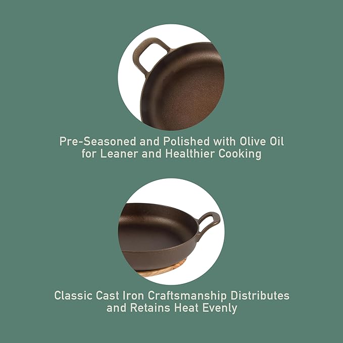 Bloomhouse Natural Bronze Finish 10-Inch Cast Iron Skillet with Long Handle, Helper Handle & Olive Wood Trivet – Olive Oil Treated Fry Pan, Oven & Stovetop Safe