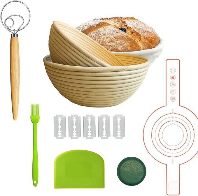 Premium Banneton Bread Proofing Baskets Set of 2 (10" round baskets) with Liners + Starter Kit - 100% Indonesian Natural Rattan Sourdough Bread Baking Tools