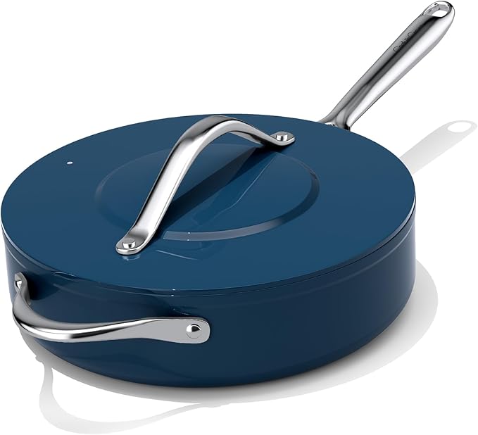 Nonstick Ceramic Sauté Pan w/Lid (4.5 qt, 11") Deep Frying Pan for All Cooktops Non Toxic Skillet PTFE/PFOA/PFAS Free, Even Heat Distribution Stainless Steel Stay-Cool Handle, Navy Blue