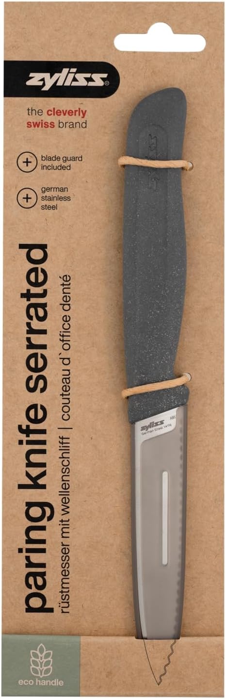 Zyliss Serrated Paring Knife – German Stainless Steel Blade with Sustainable Wheat Straw NonSlip Handle –Kitchen Knife for Fruits & Vegetables – Blade Guard Included – Dishwasher Safe – 3.9 inches