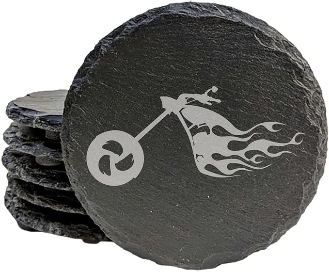 Ride The Fire: Flaming Chopper Motorcycle Coasters - Round Slate - Set of 4