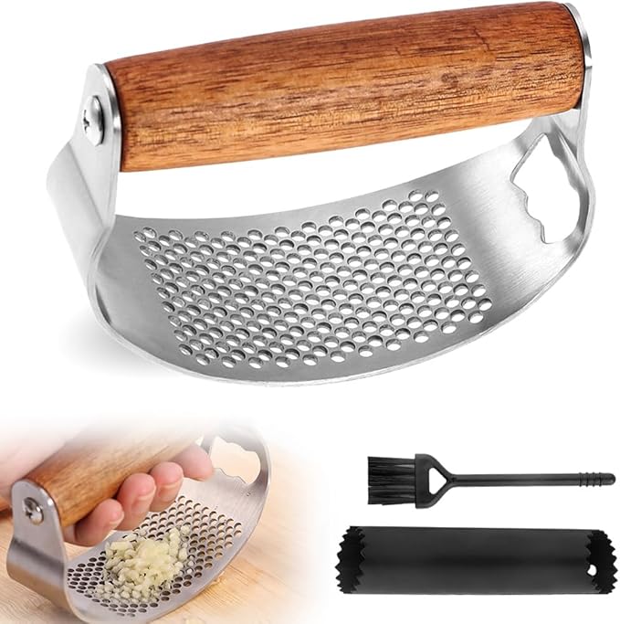 Stainless Steel Garlic Presser, Upgraded Garlic Press Rocker with Peeler and Cleaning Brush, Ergonomic Handle for Cooking Enthusiasts (1 pcs)