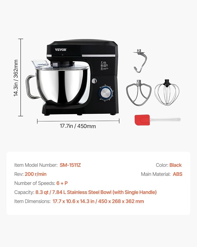 VEVOR Stand Mixer, 8.3QT Dough Mixer, 660W 6+P Speeds Tilt-head Food Mixer with Stainless Steel Bowl, Dough Hook, Wire Whip, Flat Beater, Scraper, Household Stand Mixer for Baking & Mixing, Black