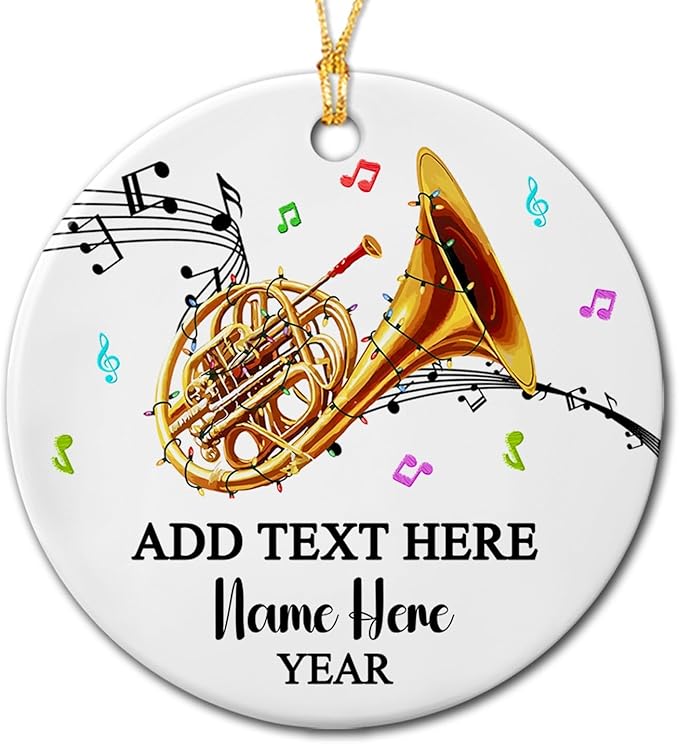 Custom Text Year Name French Horn Player Ceramic Ornament, Personalized French Horn Instrument Xmas Ornaments Gift for Daughter Son Brother Sister, Unique Musical Instrument Lover Christmas Ornament