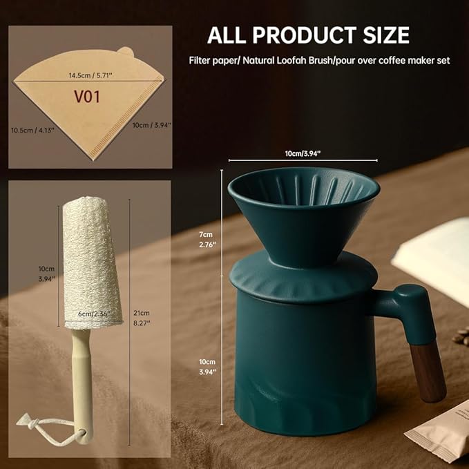 Pour Over Coffee Maker Set, Ceramic Pour Over Coffee Dripper 15.5oz/450 ml with 25 Pcs V60 Paper Filter, Coffee Pour Over Set for Camping, Green