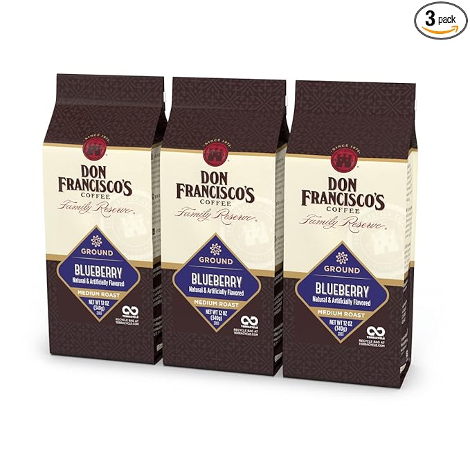 Don Francisco's Blueberry Ground Coffee, Medium Roast – Flavored 100% Arabica, 3-Pack (12 oz Bags), Premium Coffee for Drip, Pour Over & French Press