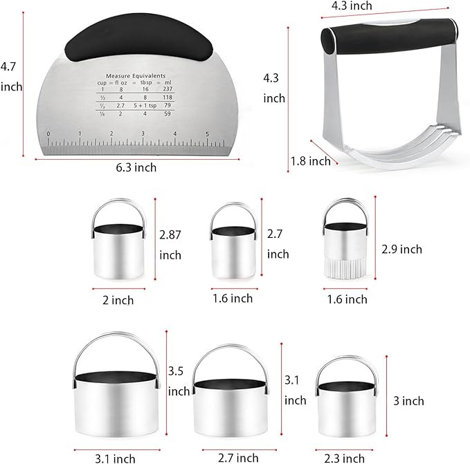 Stainless Steel Biscuit Cutter Set Pastry Scraper and Dough Blender Sturdy & Long-Lasting with Ergonomic Rubber Grip Professional Baking Dough Tools, Gift Package 4 Pcs/Set