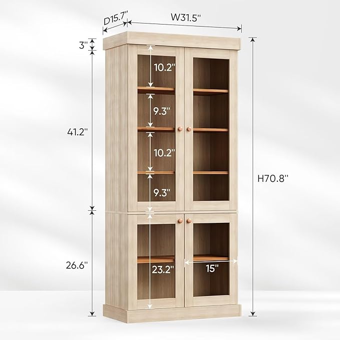 70.8" Tall Brown Bookshelf with Glass Doors, Farmhouse Modular Bookcase with 6-Tier Adjustable Shelves, Large Storage Cabinet for Home Office, Living Room, Set of 4