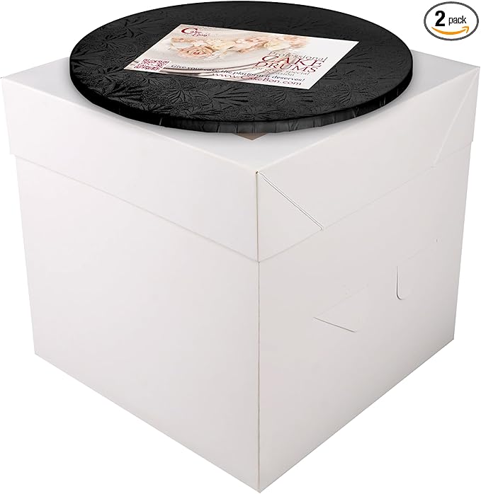 Cakebon Cake Boxes with Boards - 12 Inch Round Cake Drum Black - Box With Window for Birthdays, Weddings and Parties (1pc Each, 2pcs Total)