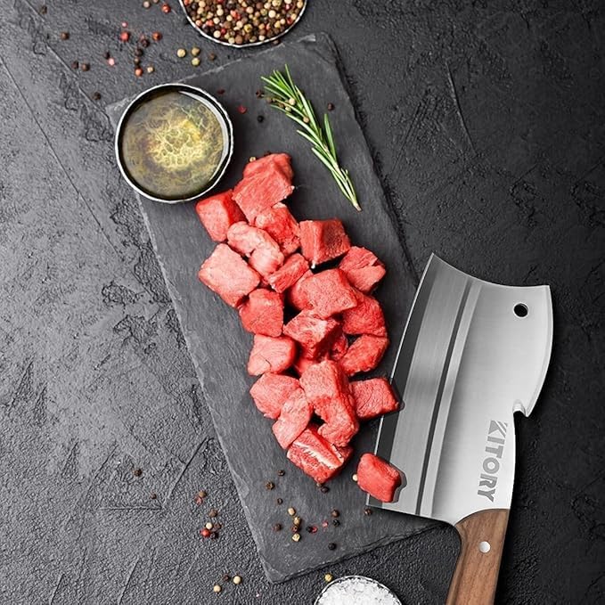 Kitory Meat Cleaver, Butcher Knife, Bone Cutter Dual Edges, Heavy Duty Kitchen Chopper Knife for Bone Meat Vegetable, Chinese Chefs Knife with Pearwood Handle, 2024 Gift for men and women.