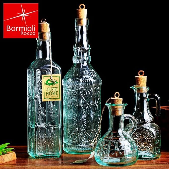 Bormioli Rocco Set Of 2 Country Home Fiesole Bottle, 24-ounce With All Natural Cork Lid, Blue-green Tinted Star Glass, Elegant And Floral Design Made In Italy.