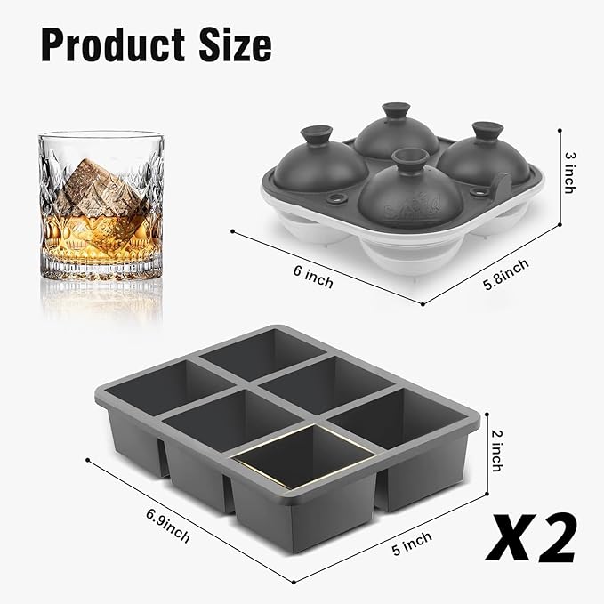 Samuelworld Premium Ice Tray Combo (3 Pack), Large Ice Sphere Maker & New Upgraded Ice Cube Trays, Food Grade, Easy To Use, Spill-Free Integrated Funnels, Whiskey Bourbon Cocktails, Grey