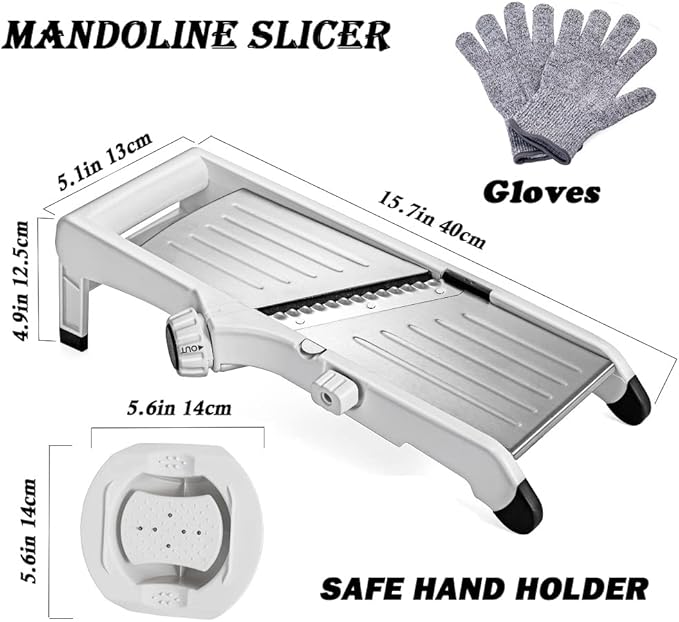 VEKAYA Mandoline Slicer for Kitchen, Stainless Steel Professional Vegetable Slicer with Adjustable Thickness, Safety Gloves & Food Holder, Easy to Clean, Ideal for Potatoes, Onions, Cucumbers