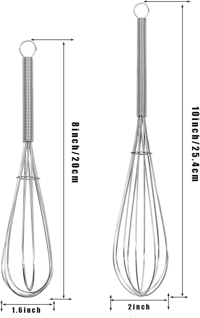 Mini Wire Whisk, 2-Pack - 8 & 10 Inch Small Whisk for Cooking - Ergonomic Spiral Handle, 304 Stainless Steel - Ideal for Whisking, Beating, Blending & Mixing Sauces - Silver