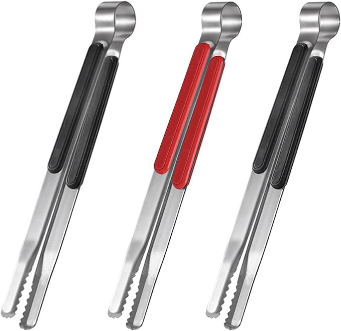 3-Piece Stainless Steel BBQ Tongs Set - Heavy Duty Food Tongs for Korean Barbecue, Grilling, Kitchen, Serving with Secure Grip (2 Black, 1 Red)