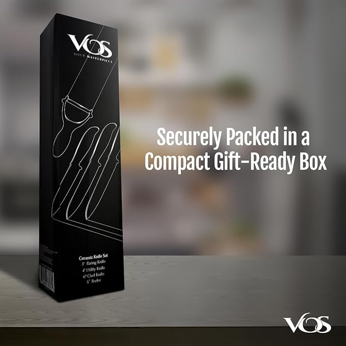 Vos Ceramic Knife Set with Peeler, Ceramic Knives Set For Kitchen, Ultra Sharp Kitchen Knife Set with Covers, 3" 4" 6" Paring, Utility & Chef Knife, Ultra Sharp, Lightweight, Dishwasher safe (Blue)