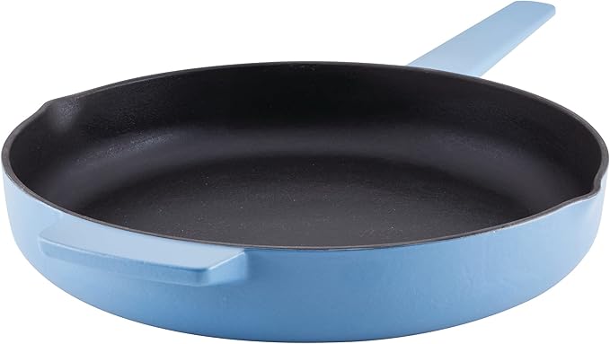 KitchenAid Enameled Cast Iron Frying Pan/Skillet with Helper Handle and Pour Spouts, 12 Inch, Blue Velvet