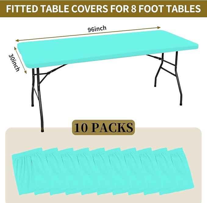 10 Pack Fitted Tablecloth for 8 Foot Rectangle Tables, Aqua Blue Elastic Outdoor Picnic Table Cover, Washable Stretch Folding Table Cloths 8 ft for Camping Party Patio Kitchen Banquet, 30" W x 96" L
