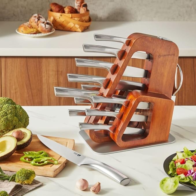 KINGSTONE Kitchen Knife Set with Block,14 Pcs German Stainless Steel Knife Set with Built-in Sharpener, Dishwasher Safe Knife Block Set (walnut, 14pcs)
