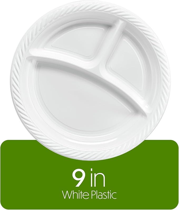 PLASTICPRO 9 inch Round Plastic Plates 3 Compartment - 3 Section Plates Microwaveable, Disposable, White, Dinnerware 200 Count