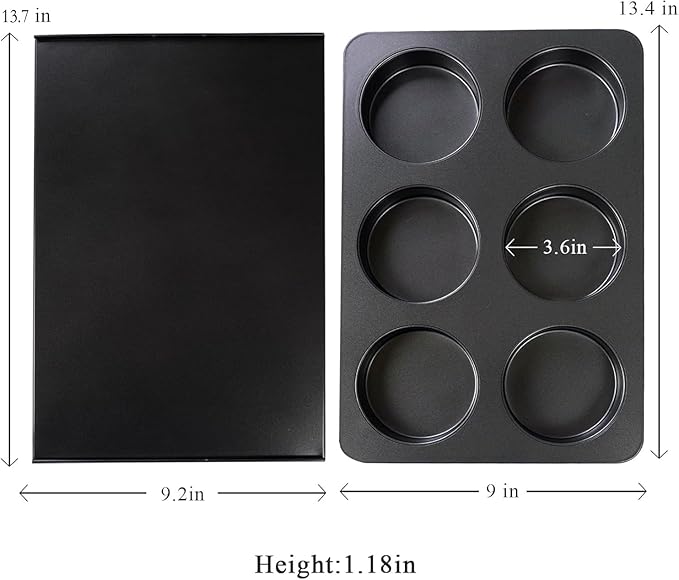 6 Cup Straight Side Jumbo English Muffin Cupcake Pan with Lid Hamburger Burger Bun Egg Sandwich Frittata Cinnamon Roll Focaccia Quiche Pancake Nonstick Baking Tin Tray Mold