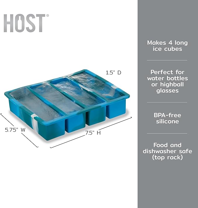 Host Ice Cube Tray, Makes Four 5-Inch Long Cubes, Durable Silicone Trays with Easy Release Design, Perfect for Water Bottles and Highball Glasses, Home Bar Accessories, Set of 1, Blue Marble
