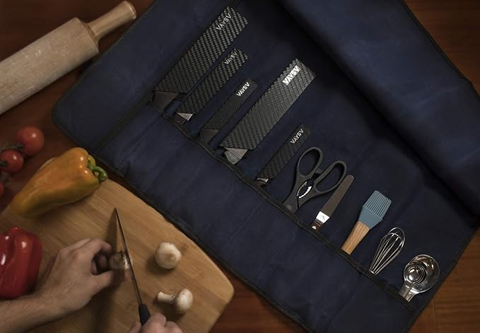 Asaya Canvas Chef Knife Roll Bag - 10 Knife Slots and a Large Zipper Pocket - Durable 10oz Canvas Knife Case with an Adjustable Shoulder Strap - Knives not Included