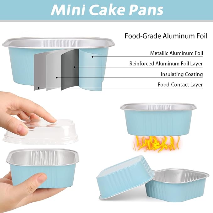 200 Pack 10 oz Square Mini Cake Pans with Lids, Mini Loaf Pans with Lids, Aluminum Foil Square Brownie Baking Cups for Ramekins Muffin Cupcake Wedding Birthday Party (Blue)