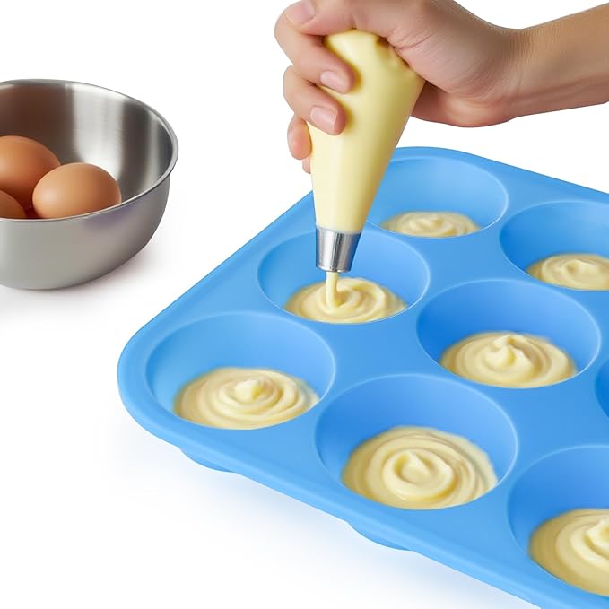 Bangp 12-Cup Silicone Muffin Pan with Metal Reinforced Frame,2 Pack Regular Size Cupcake Pan,Premium Non-Stick Bend Resistance Silicone Molds for Making Muffin,Cakes,Tart,Egg Bites (Red & Blue)