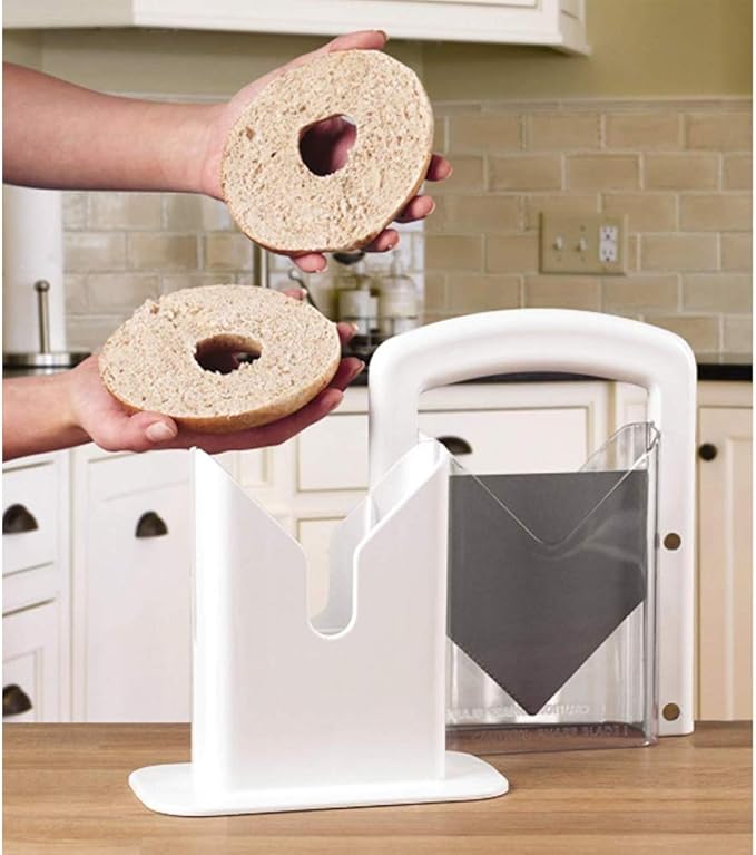 Hoan The Original Bagel Guillotine Slicer - 9.25-Inch Stainless Steel Blade Slicer - Safe and Efficient Easy Bagel Cutter for Muffins, Rolls, Buns with Precision Ground Serrated Blade (White)