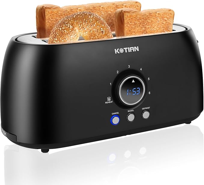 Toaster 4 Slice,KOTIAN Retro Long Slot Toasters with Countdown Timer,Stainless Steel Toaster,Bagel,Defrost,Reheat,Cancel Functions,Extra Wide Slots,6 Toast Settings,Removable Crumbs Tray,Matte black