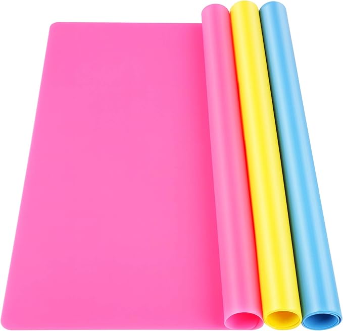 LEOBRO Silicone Mat, 3 PCS Silicone Mats for Crafts, Resin Molds, Play Dough Mat, Clay Mats, for Epoxy Resin, Crafts, Yellow & Hot Pink & Blue, 15.7”x 11.7