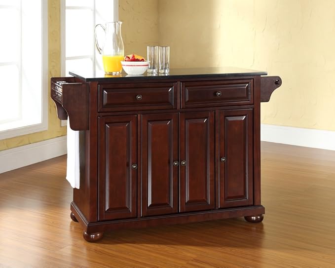 Crosley Furniture Alexandria Granite Top Rolling Kitchen Island Storage Cart, Microwave Stand, Spice Rack, Mahogany