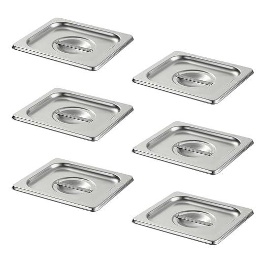 Hotel Pan Lids 6 Pack– Fits 1/6 Size Stainless Steel Steam Table Pans, Anti-Jam Food Pan Cover for Catering, Buffet Use, Kitchen Prep