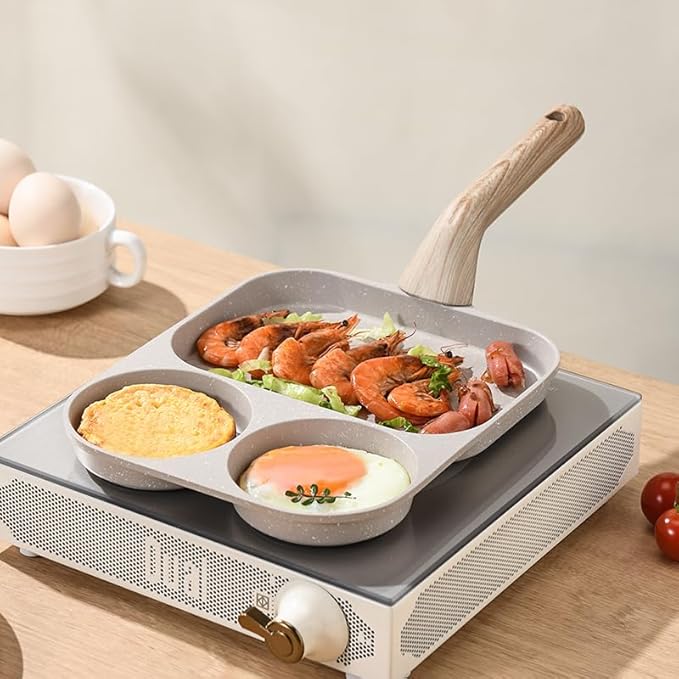 CLANK 3-in-1 Non-stick Egg Frying Pan with Detachable Heat-resistant Handle Multi-functional 3-section Breakfast Pan Portable for Dormitory Use, Suitable for Gas Stove and Induction Cooker