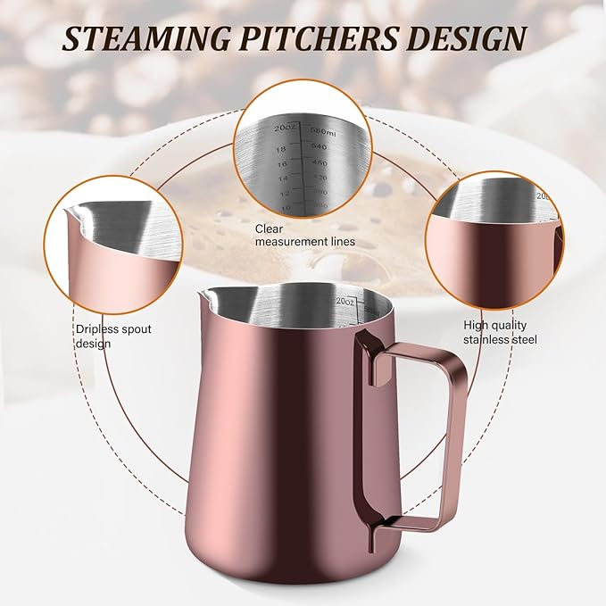 Milk Frothing Pitcher, 20OZ/600ML Stainless Steel Espresso Steaming Pitcher Coffee Milk Frother Cup with Decorating Art Pen for Espresso Machine, Milk Frother, Latte Art