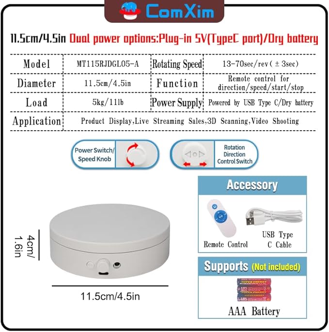 Knob Speed Adjustment Remote Control Motorized Rotating Display Stand 3d scanner Electric Turntable rotating platform for Photography Products Shows,Jewelry,Watch,3D Models,Cake Support AAA