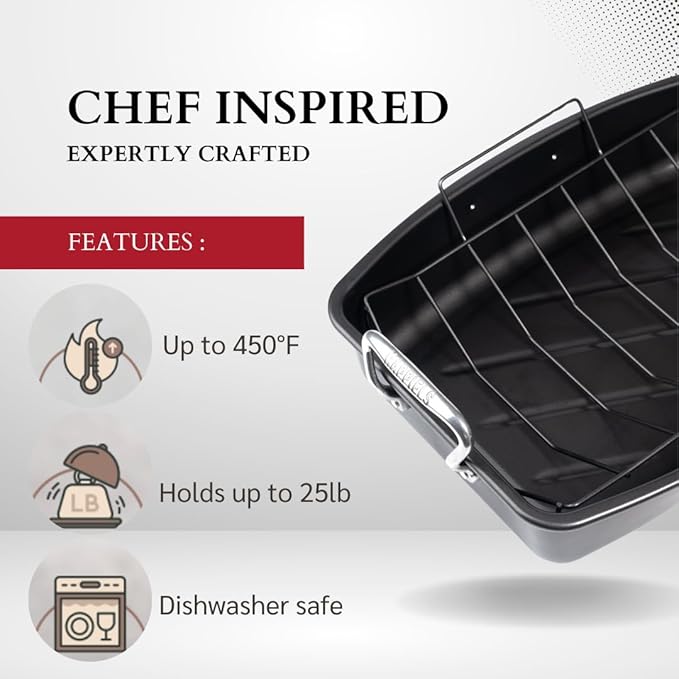 HAPPIELS 17 x 13 inch Roasting Pan with Rack, 20-25 lb Large Turkey Roasting Pan for Oven Non Stick, Turkey Roaster Pan with Rack, Roasting Pans, Turkey Pan, Deep Roast Pan, Prime Rib Roaster