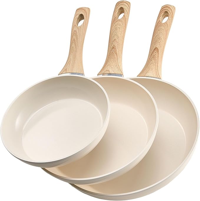 VEVOR Frying Pan Skillet, Aluminum Egg Fry Pans, 3 Piece (8, 9.5, 11 in), Nonsitck Ceramic Heavy-Duty Skillets with Heat-Resistant Handle, Chef's Kitchen Cookware for Gas, Electric, Induction, Beige