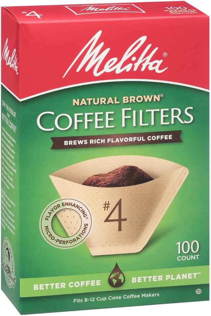 Melitta #4 Cone Coffee Filters, Natural Brown, 100 Count (Pack Of 6), 600 Total Filters - Fits all 8-12 Cup Cone Coffee Makers and Pour-Overs, Compostable, Tear-Resistant, Made in USA