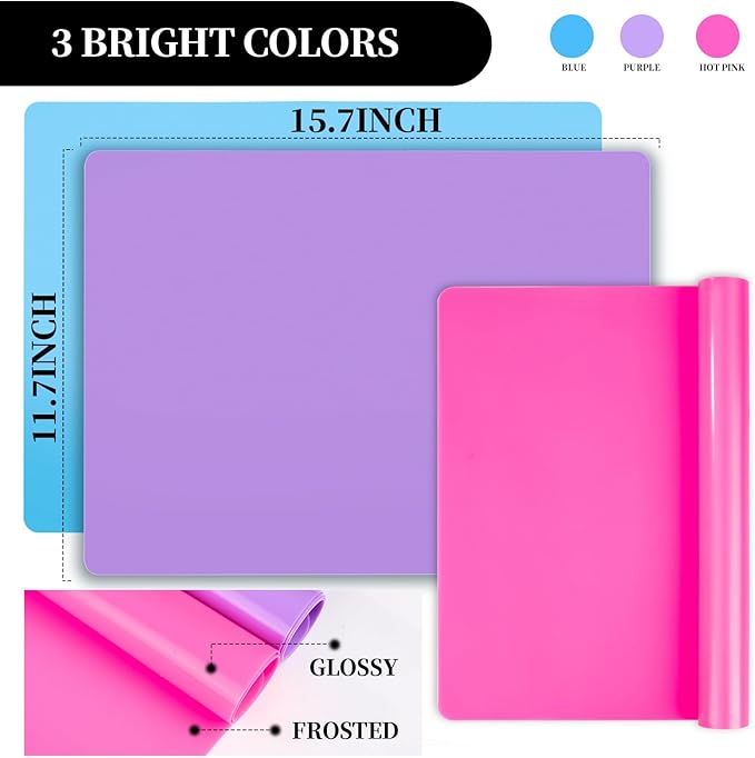 LEOBRO Silicone Mat for Resin Molds, 3 PCS Silicone Mats for Epoxy Resin, UV Resin, Play Dough Mat, Clay Mat, Nonstick Silicone Sheets Pads for DIY Arts and Crafts, Pink & Purple & Blue, 15.7”x 11.7”