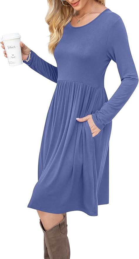 DB MOON Women Casual Long Sleeve Dresses Empire Waist Knee Length Loose Dress with Pockets