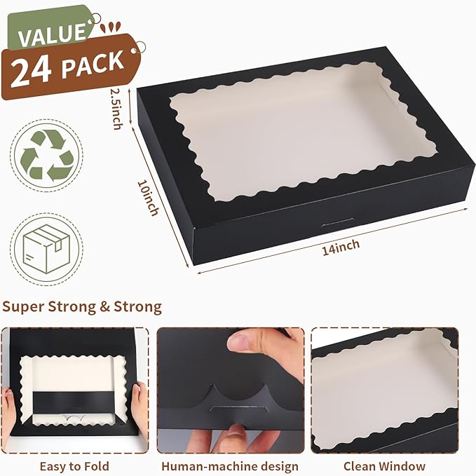 Cookie Boxes,14x10x2.5 Inch Large Bakery Boxes with Window for Pies Chocolate Strawberries Muffins Donuts Pastry Dessert Christmas(Black, 14 * 10 * 2.5inch/24pcs)