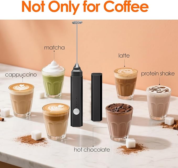 Rechargeable Milk Frother Handheld 3 Speed Adjustable, Electric Whisk Foam Maker, Handheld Drink Mixer, Mini Frother Wand with Stainless Steel Whisk for Coffee, Lattes, Cappuccinos, with Storage Cover