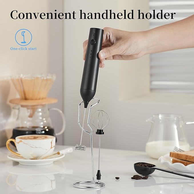 Rechargeable Milk Frother Set by ELMWAY, Electric Drink Blender with Wand and Egg Whisk, Foam Maker Mixer, Milk Frother Handled for Coffee, Latte, Matcha, Protein Powder (Black with Stand)