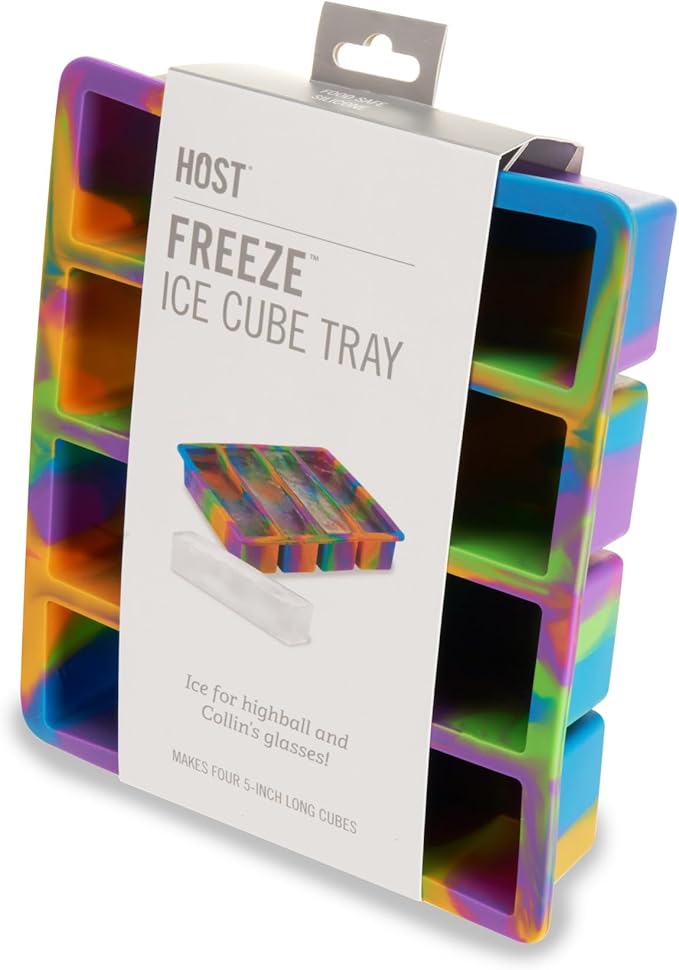 Host Ice Cube Tray, Makes Four 5-Inch Long Cubes, Durable Silicone Trays with Easy Release Design, Perfect for Water Bottles and Highball Glasses, Home Bar Accessories, Set of 1, Colored Marble
