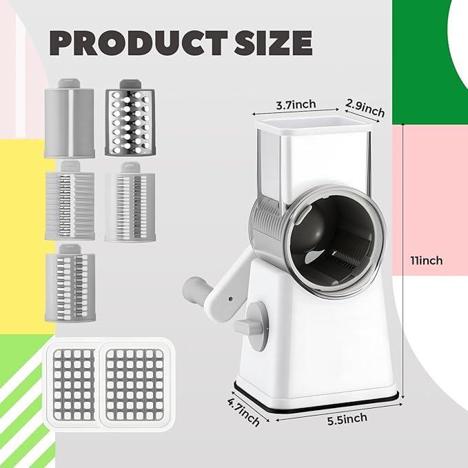 6-in-1 Rotary Cheese Grater with 12 Blades Hand Crank Food Grater Vegetable Slicer with Suction Base, 360° Rotating Handle and Safety Push Cup Multi Blade Shredder Chopper to Dice for Kitchen