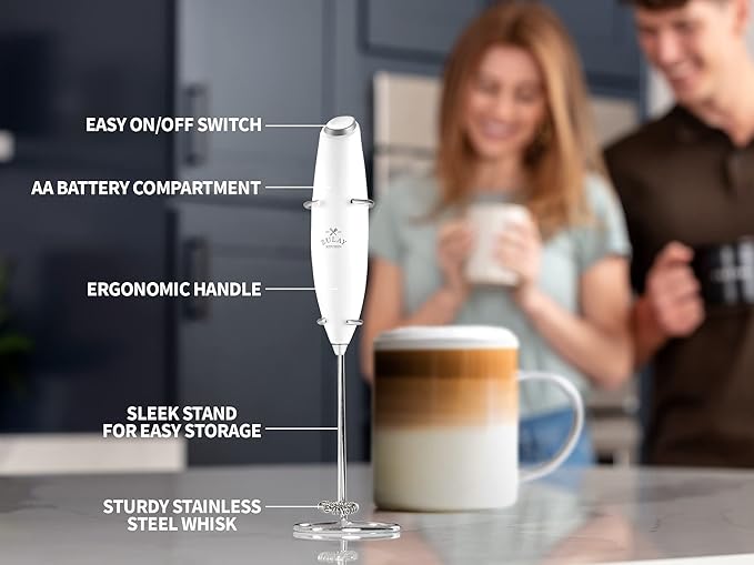 Zulay Kitchen Premium Gift Milk Frother Complete Set - Handheld Foam Maker, Stencils & Frother Set - Whisk Drink Mixer for Coffee - Mini Blender for Cappuccino, Frappe