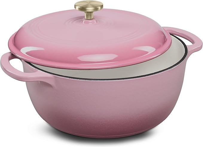 Best Choice Products 7.5 Quart Enamel Cast-Iron Round Dutch Oven, Family Style Heavy-Duty Pre-Seasoned Cookware for Home, Kitchen, Dining Room, Oven Safe w/Lid, Dual Handles - Pink Champagne
